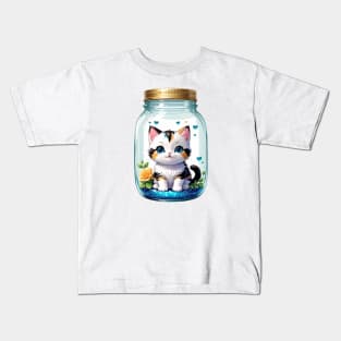 Cute Cat With Flowers Blooming In Mason Jar Kids T-Shirt